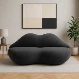 Curved Lip-Shaped Sofa, Modern Design, Dark Grey Velvet