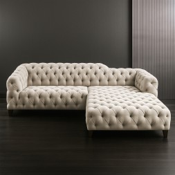 Tufted L-Shaped Sectional Sofa, Chesterfield Design, Beige Upholstered