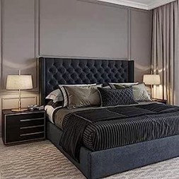 R2R FURNITURE ERON QUEEN SIZE BLACK VELVET BED 160X200 CM