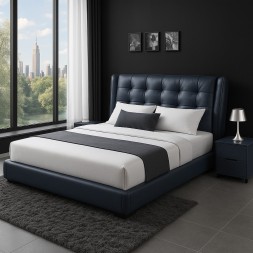 Platform Bed Frame, Navy Blue Faux Leather,  NO STORAGE NO MATTRESS  (150X200)