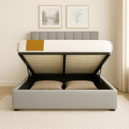 HOMEGENIE PIANO DESIGN (90X200) BED LIGHT GREY VELVET WITH HYDRAULIC STORAGE ,NO MATTRESS