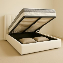 Modern Queen Size Storage Bed,Light Beige, Hydraulic Lift, 160 x 200 cm