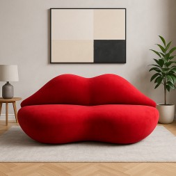 R2R Lip-Shaped Sofa, Modern Living Room Couch, Red Velvet Upholstery