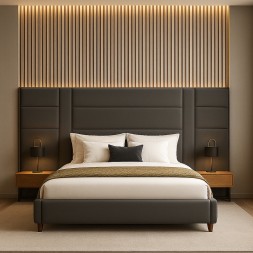 HomeGenie Upholstered Panel Bed, Semi-Queen Size 150x200 cm, Grey, No Storage